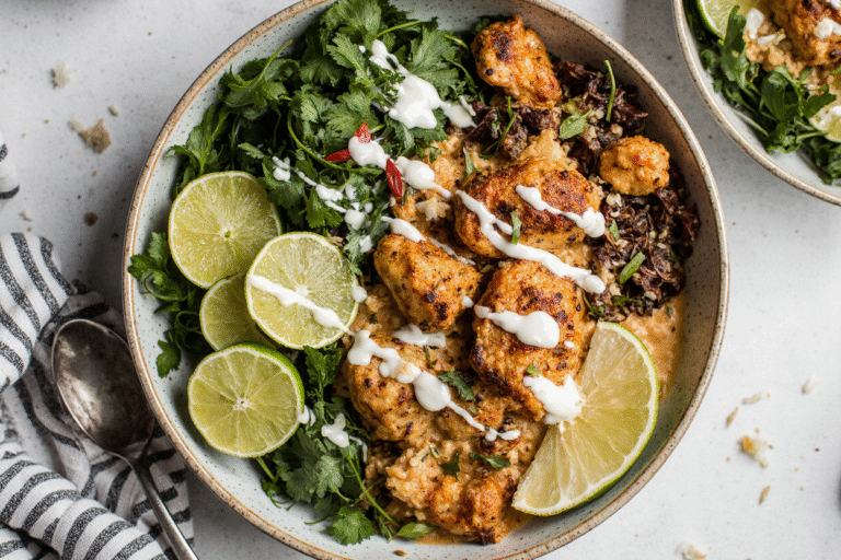 sweet chili chicken bowl with coconut lime drizzle